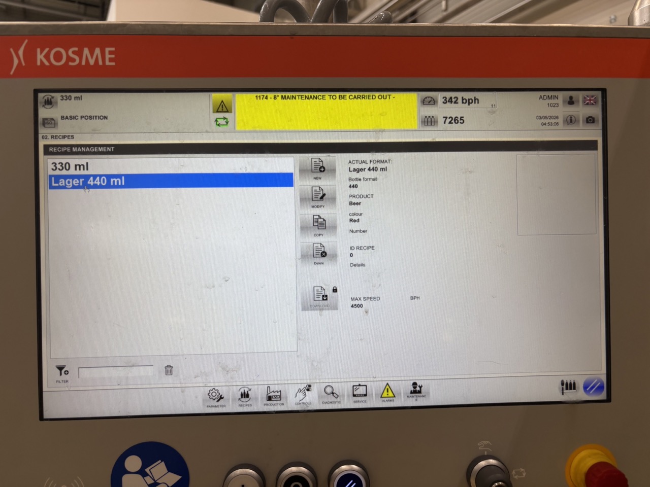 Filler recipe change screen — machine stopped, Basic Position, select recipe, wait for load, press Download