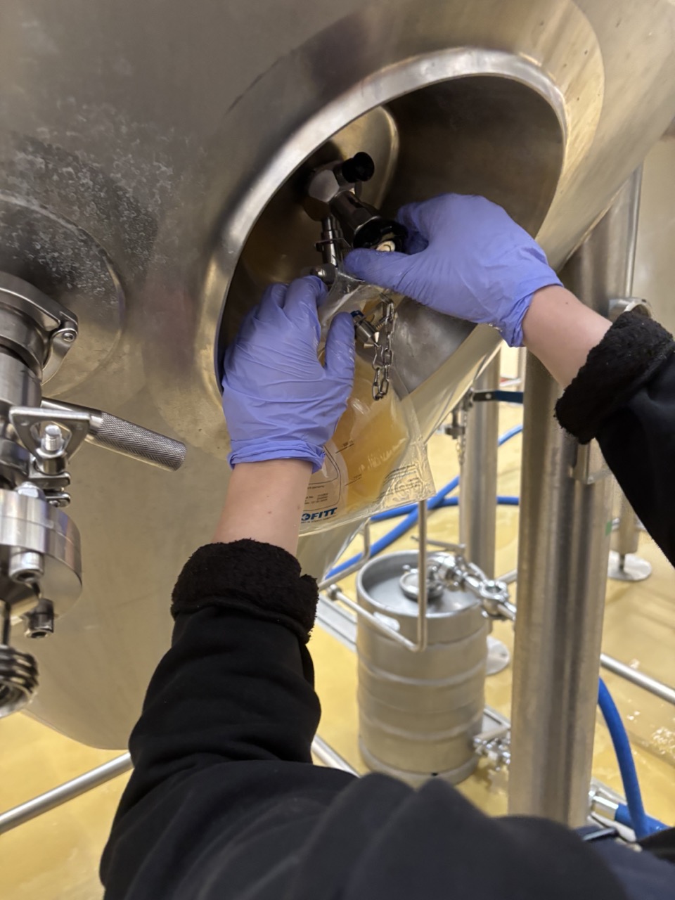 Bag filling — front and back of adapter fully connected, bag being filled through the Zwickel.