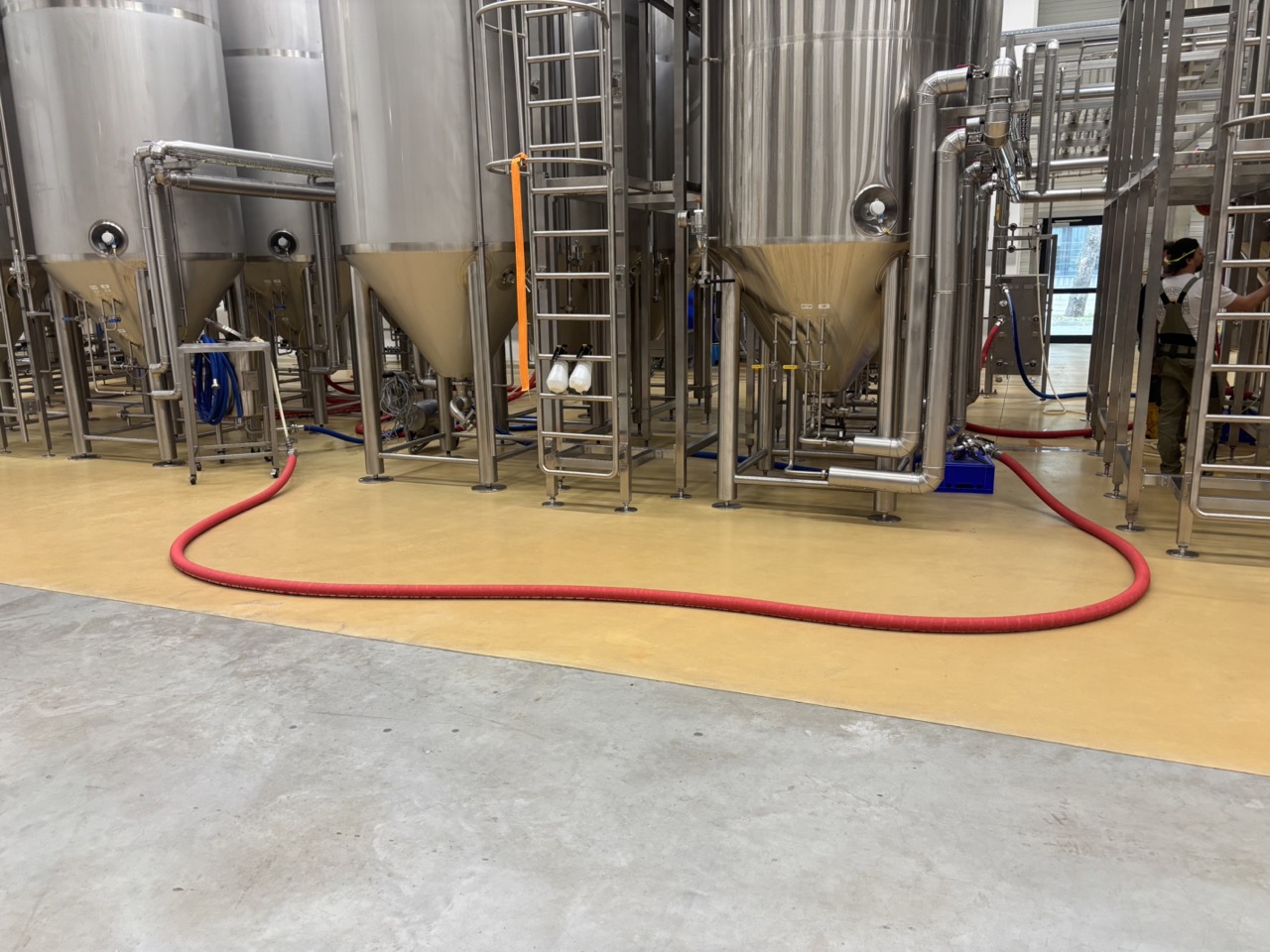 Overview of CIP setup — dosing tank connected to pump inlet, pump out to T-piece side connection, front connection to 10 m line and kegger, couplers hanging inside dosing tank